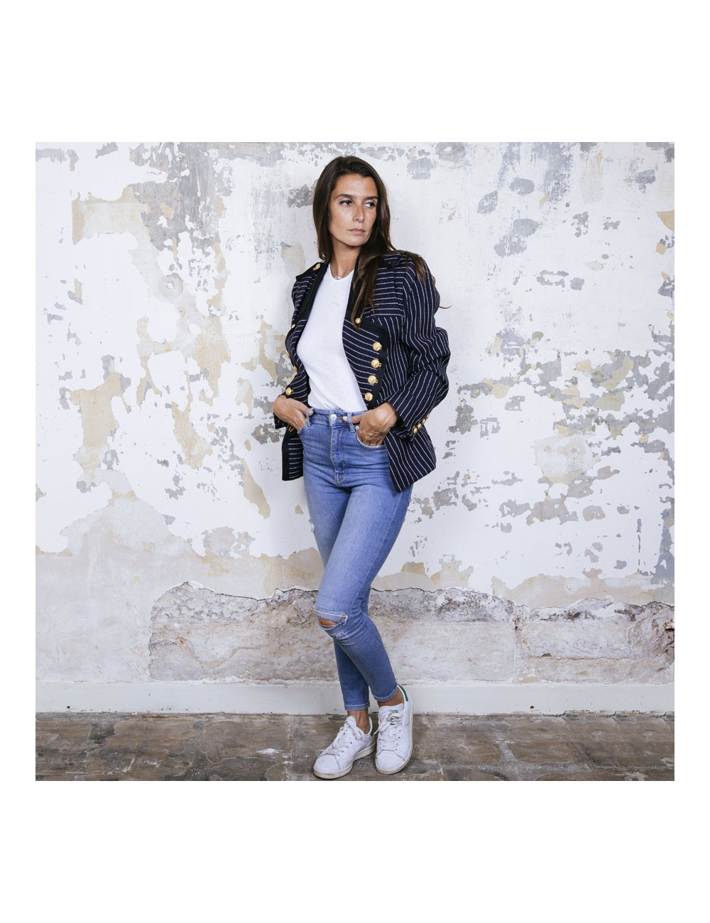 BALENCIAGA  jacket in navy blue cotton and white stripes size 42