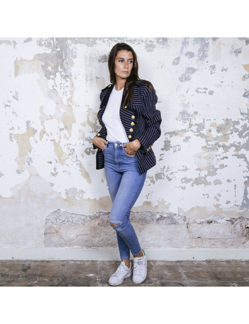 BALENCIAGA  jacket in navy blue cotton and white stripes size 42