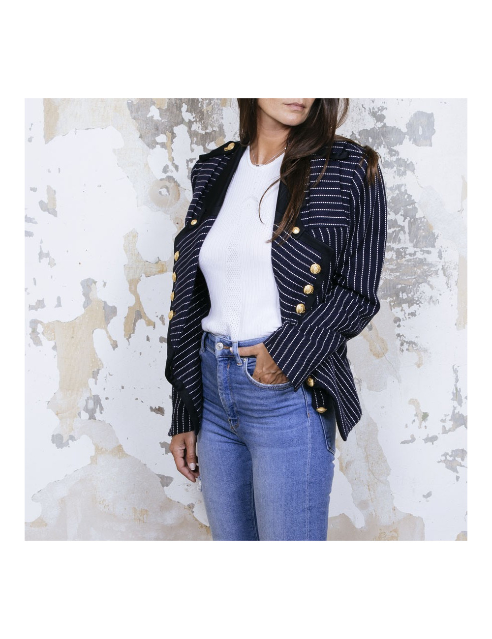 BALENCIAGA  jacket in navy blue cotton and white stripes size 42