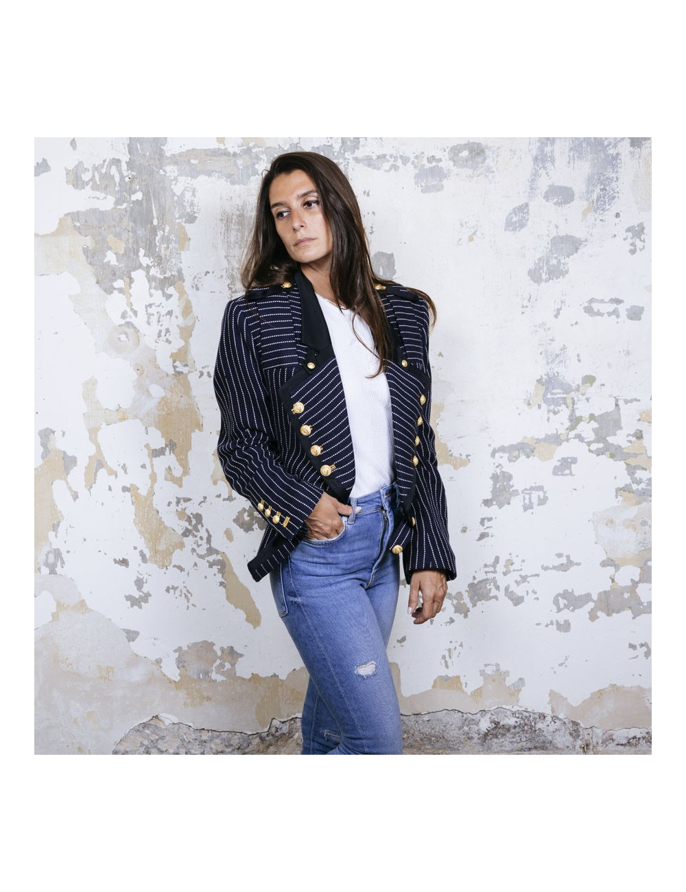 Veste T 42 BALENCIAGA bleu marine avec rayures blanches