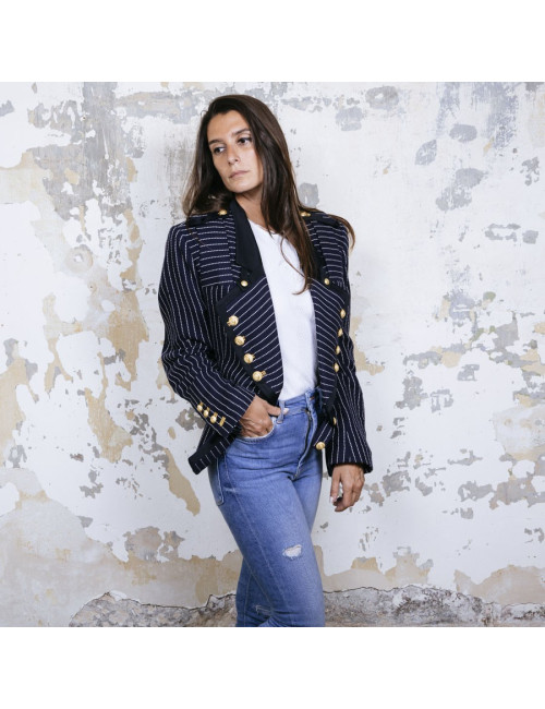 BALENCIAGA  jacket in navy blue cotton and white stripes size 42