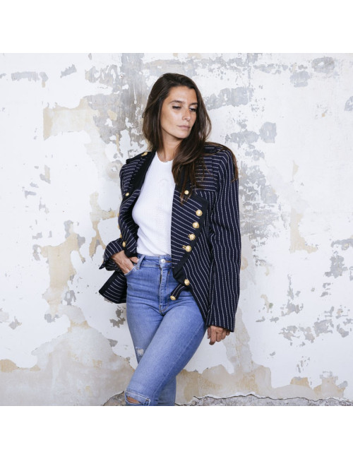 BALENCIAGA  jacket in navy blue cotton and white stripes size 42