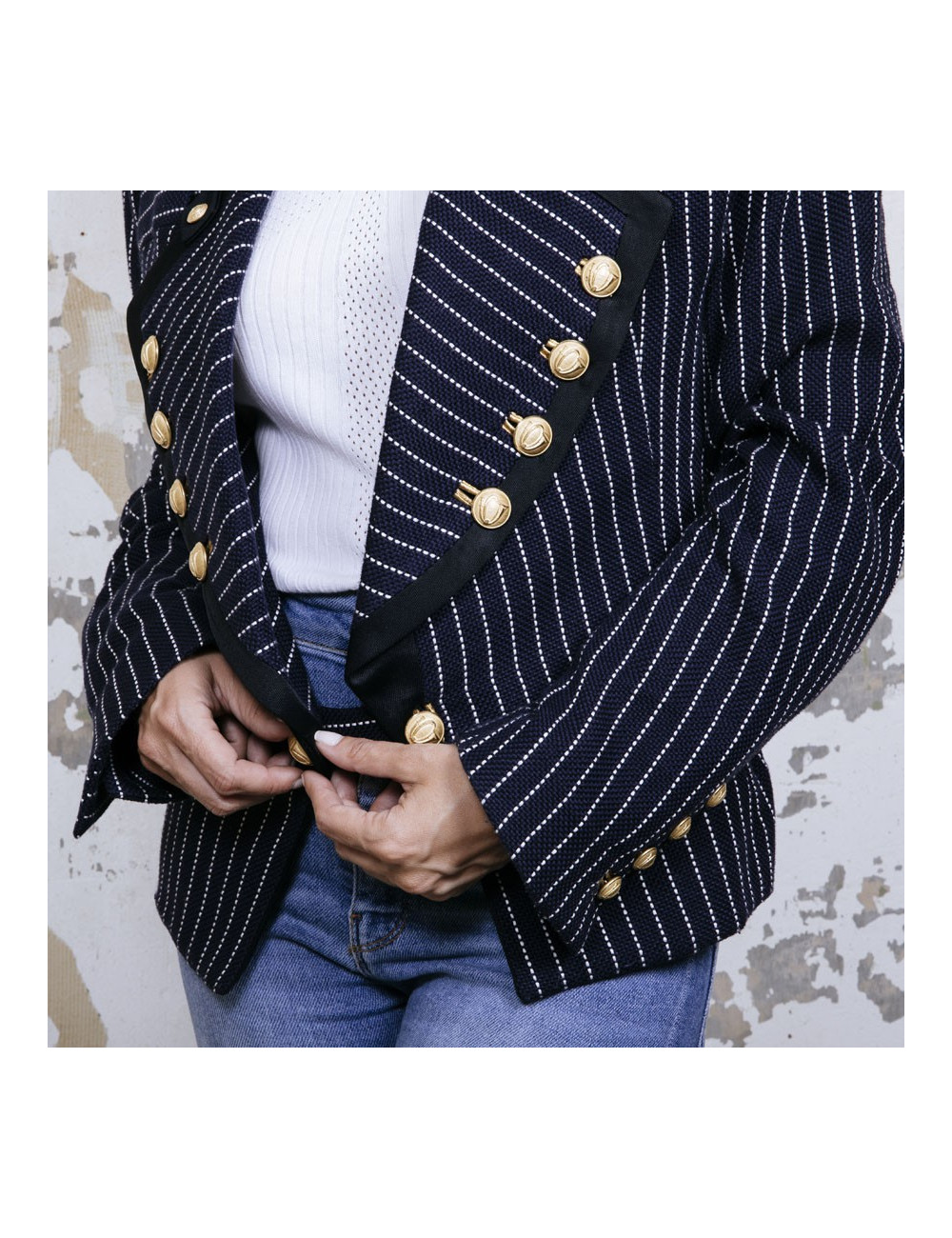 BALENCIAGA  jacket in navy blue cotton and white stripes size 42