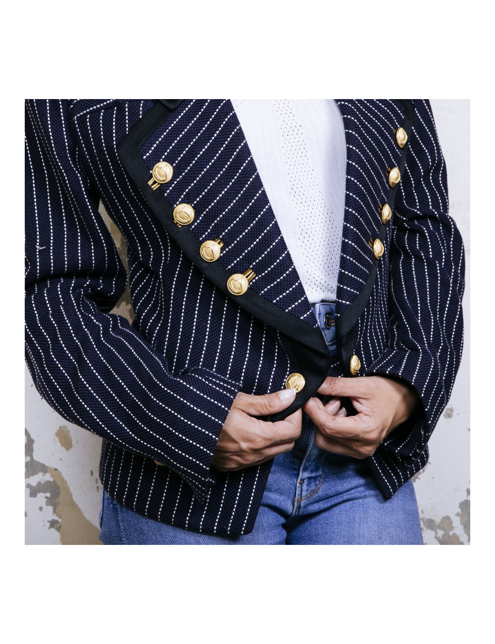 BALENCIAGA  jacket in navy blue cotton and white stripes size 42