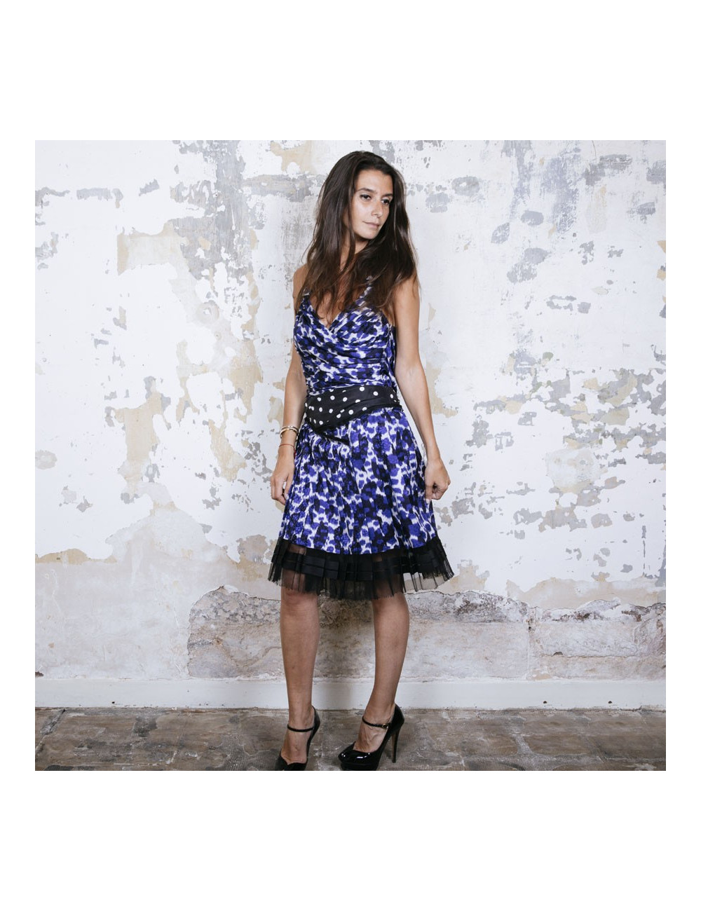 LOUIS VUITTON pleated dress in white and blue printed silk size 38