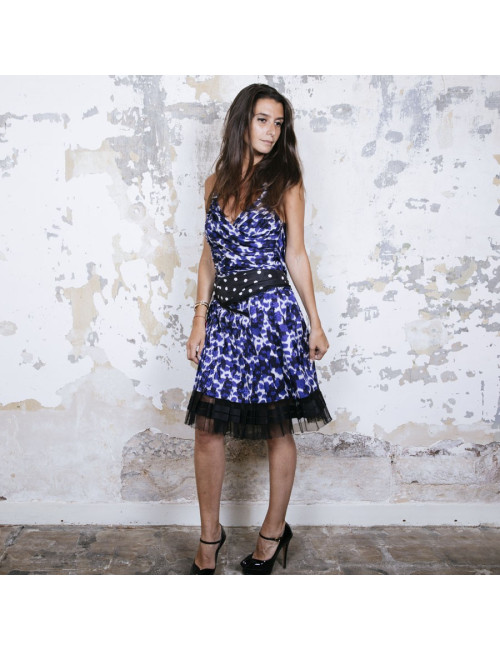 LOUIS VUITTON pleated dress in white and blue printed silk size 38