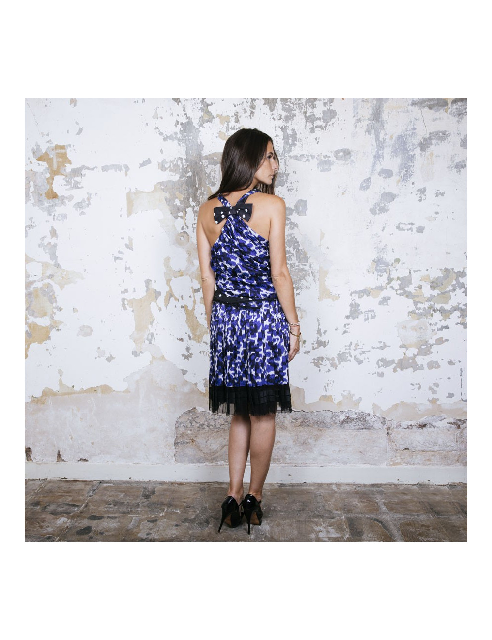 LOUIS VUITTON pleated dress in white and blue printed silk size 38