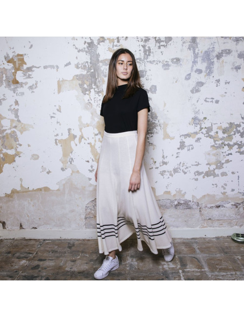 Jupe longue CHANEL T 42 en cachemire ivoire et rayée noire