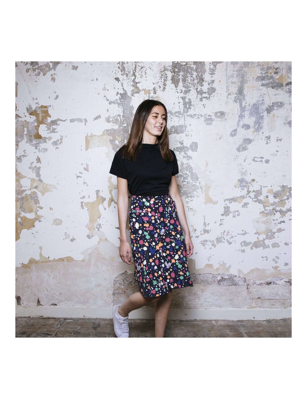 Jupe T36 CHANEL Tweed bleu et peinture multicolore