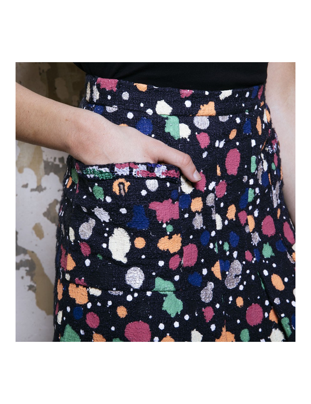 Jupe t 36 CHANEL Tweed bleu et peinture multicolore