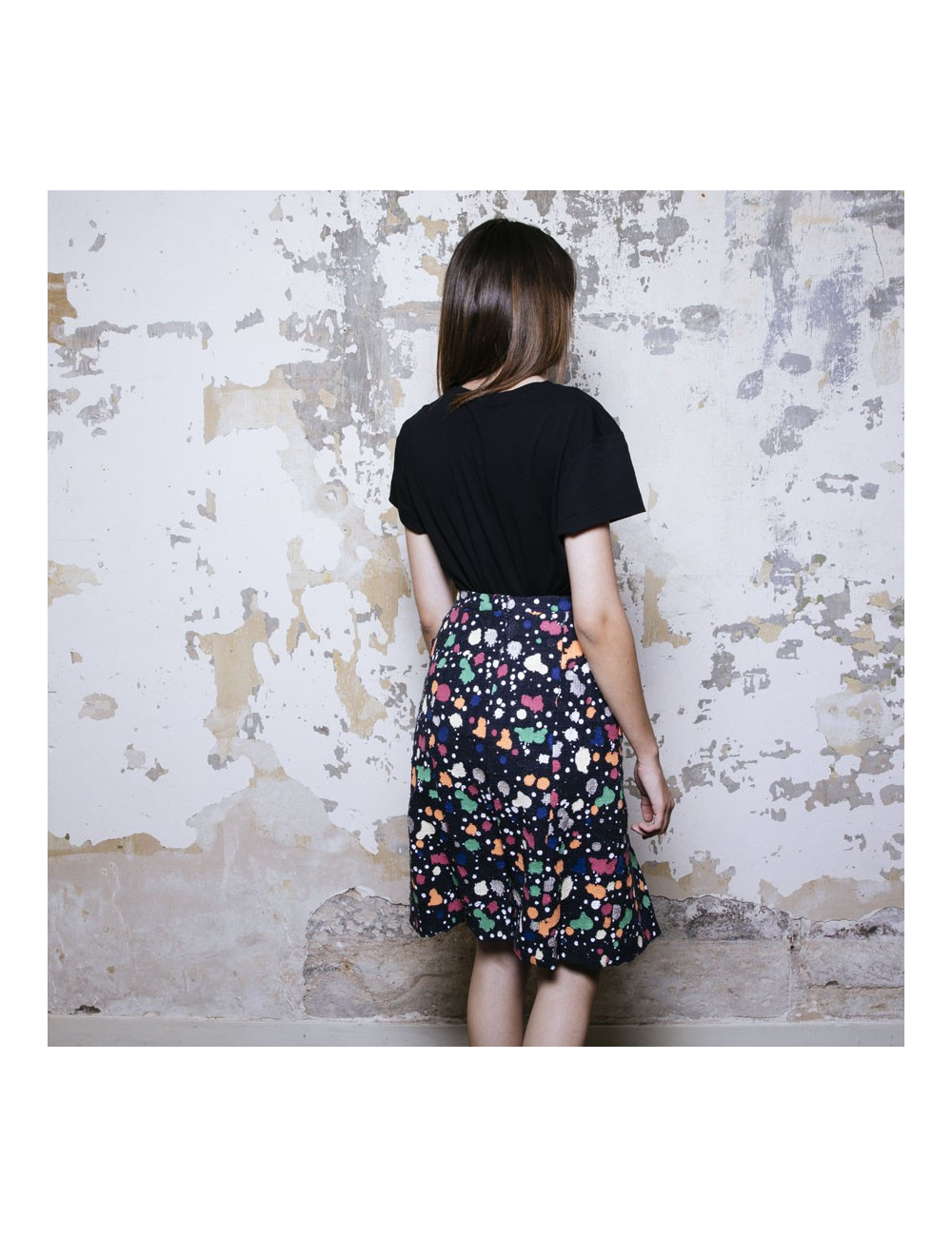 Jupe T36 CHANEL Tweed bleu et peinture multicolore