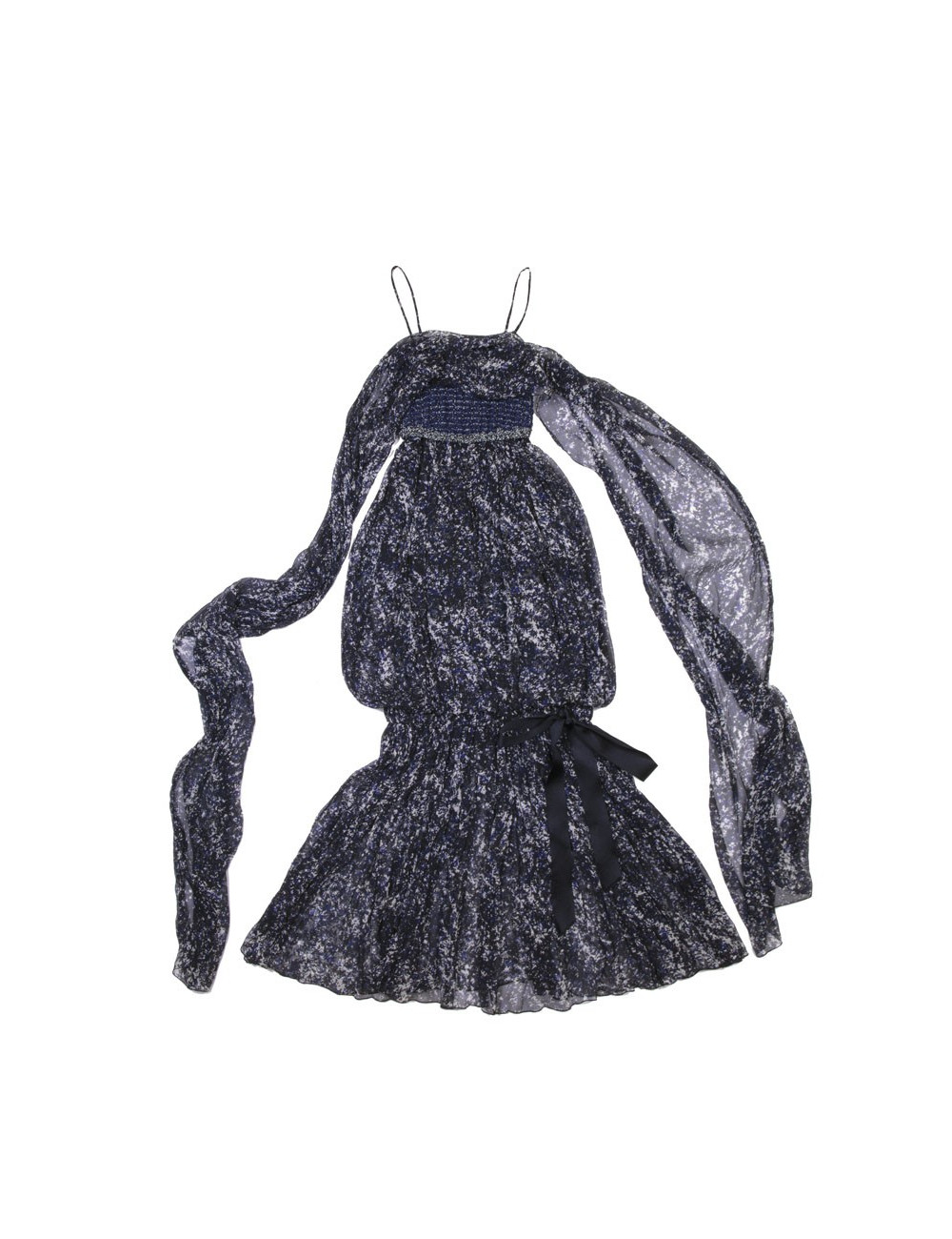 Robe longue du soir CHANEL T 34 en soie imprimée bleue et blanche