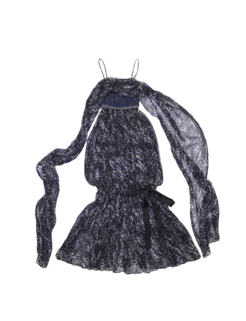 Robe longue du soir CHANEL T 34 en soie imprimé bleu et blanc