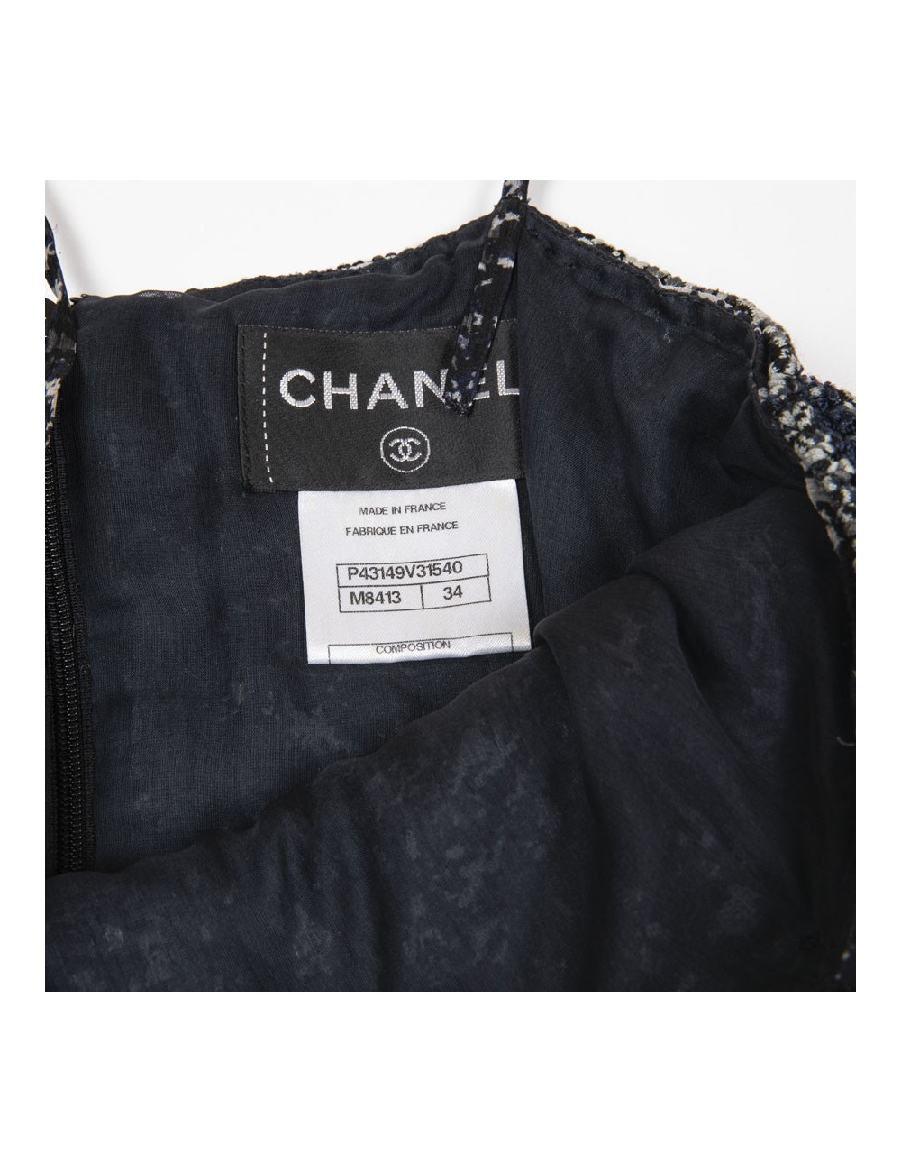 CHANEL T 34 evening gown in blue and white printed silk