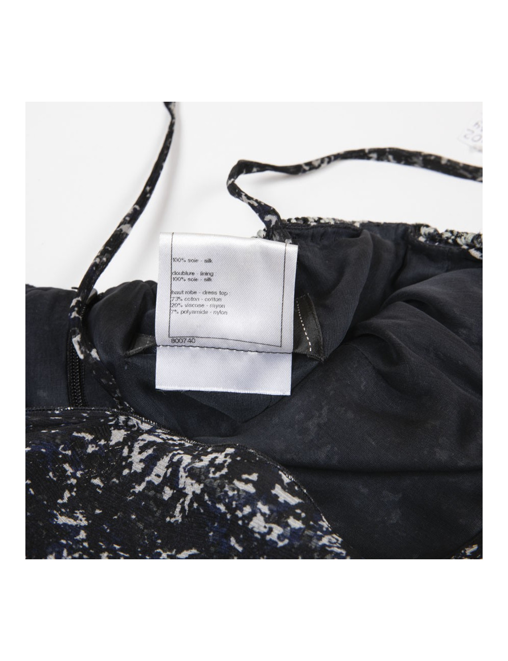 CHANEL T 34 evening gown in blue and white printed silk