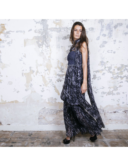 CHANEL T 34 evening gown in blue and white printed silk