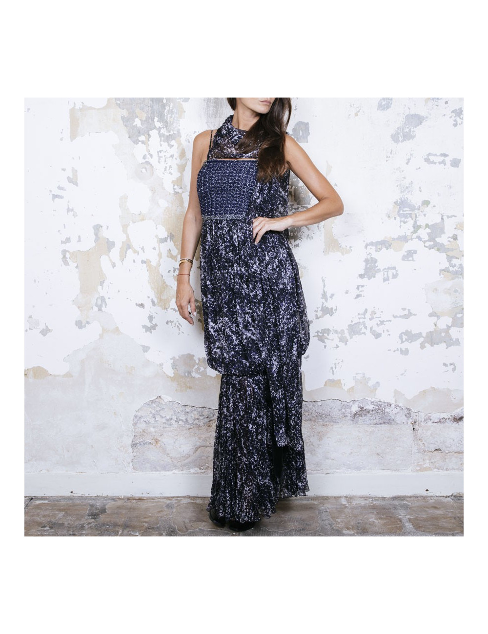 CHANEL T 34 evening gown in blue and white printed silk