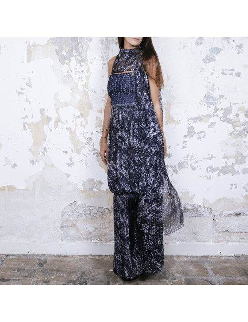 Robe longue du soir CHANEL T 34 en soie imprimée bleue et blanche