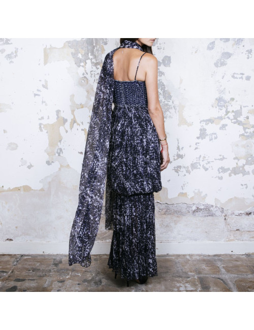 CHANEL T 34 evening gown in blue and white printed silk