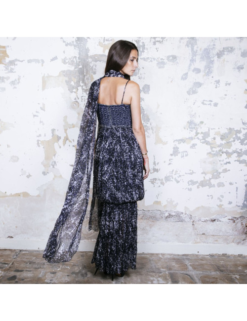 CHANEL T 34 evening gown in blue and white printed silk