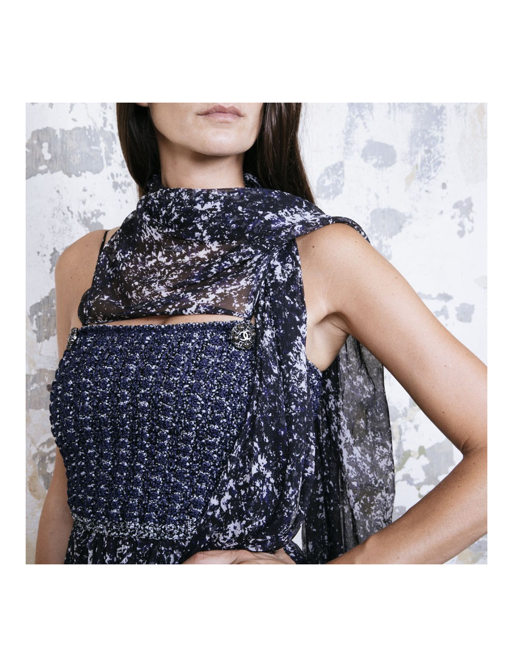 CHANEL T 34 evening gown in blue and white printed silk