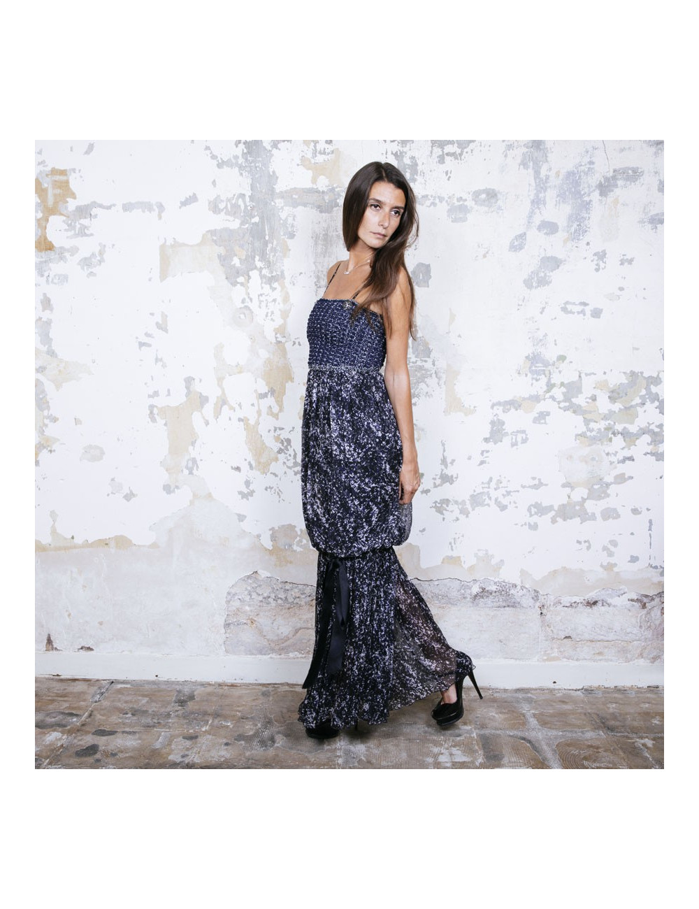 CHANEL T 34 evening gown in blue and white printed silk