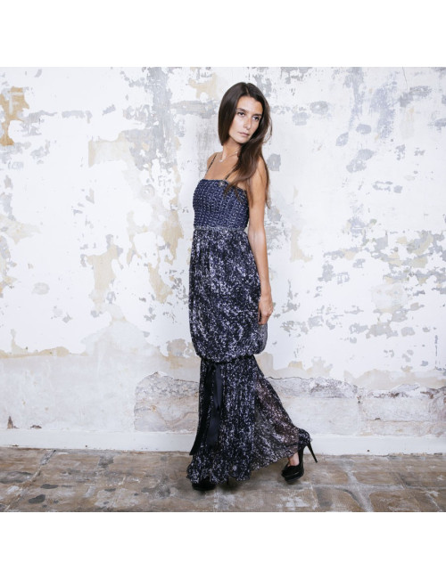 CHANEL T 34 evening gown in blue and white printed silk