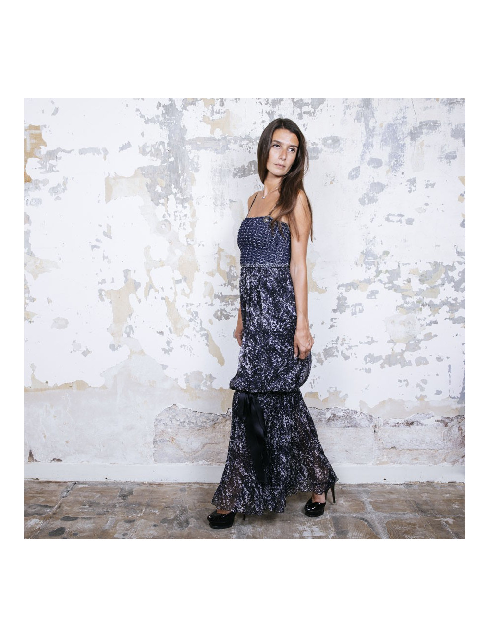 CHANEL T 34 evening gown in blue and white printed silk