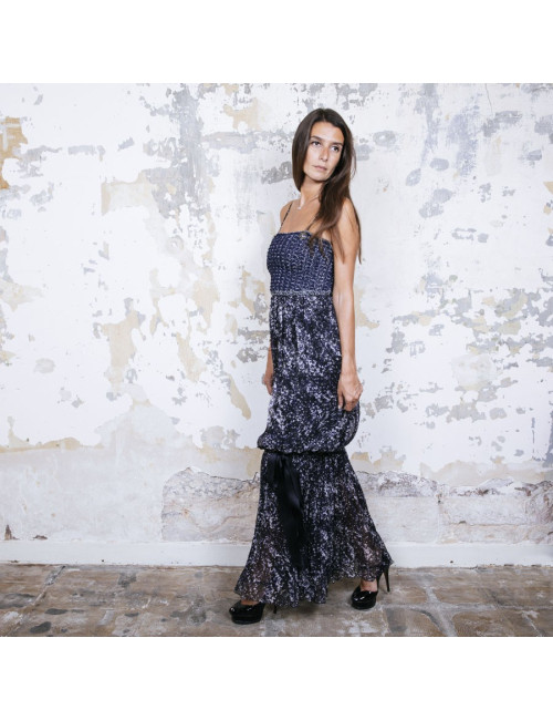 CHANEL T 34 evening gown in blue and white printed silk