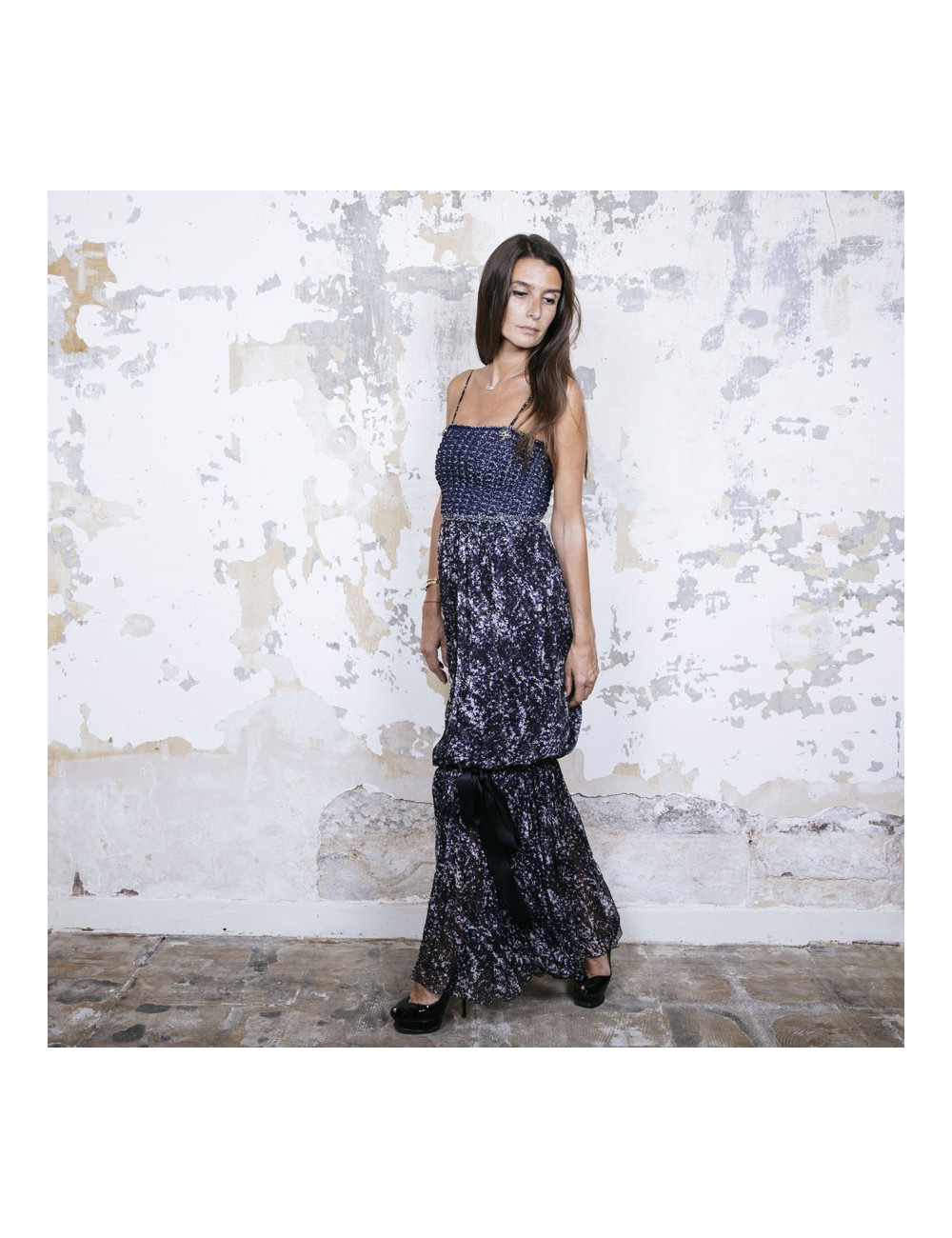 CHANEL T 34 evening gown in blue and white printed silk