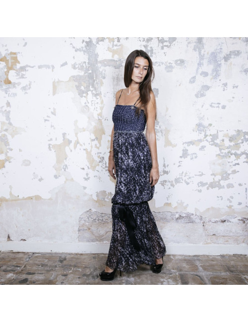 CHANEL T 34 evening gown in blue and white printed silk