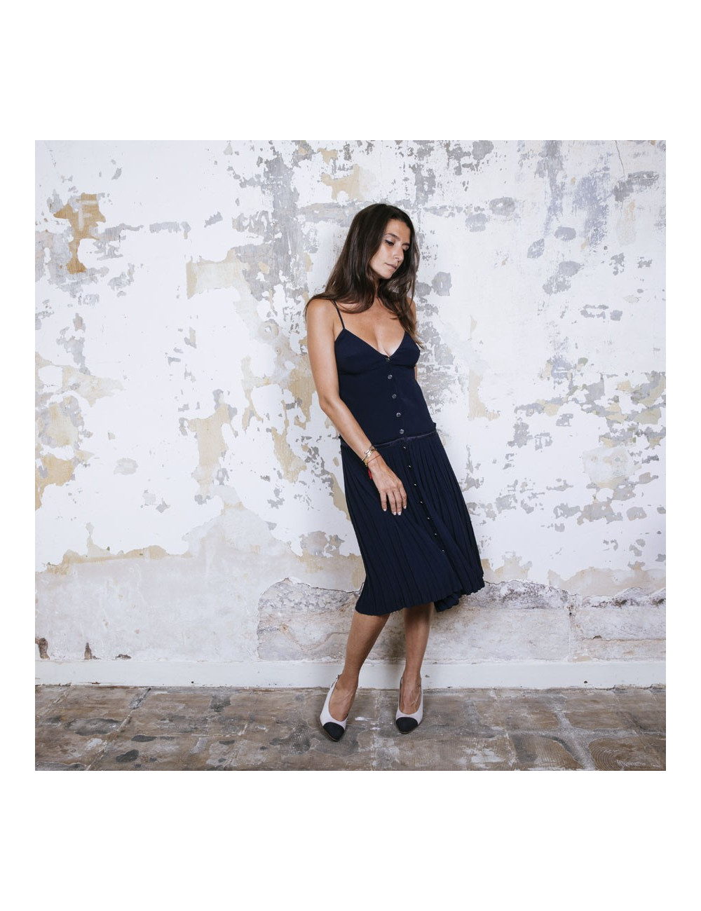 HERMES pleated dress in navy blue silk size 34FR