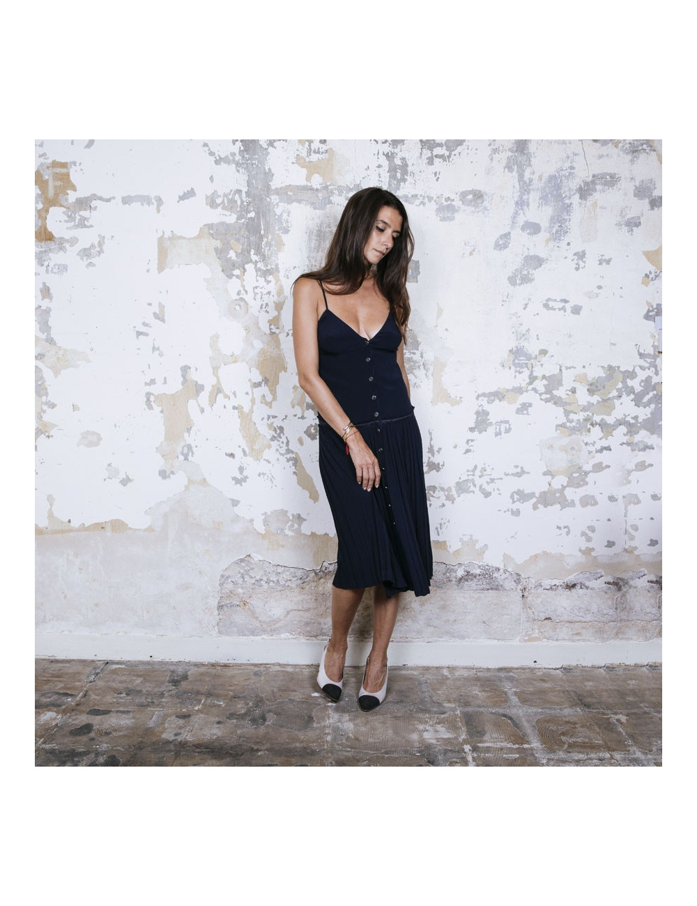 HERMES pleated dress in navy blue silk size 34FR