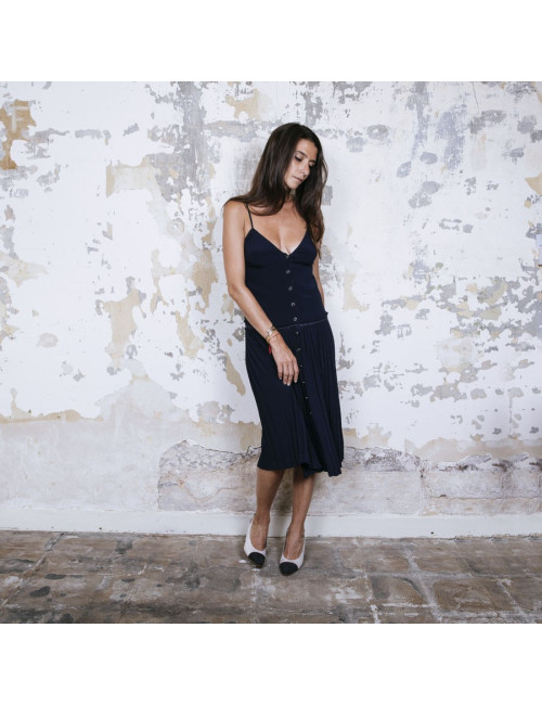 HERMES pleated dress in navy blue silk size 34FR