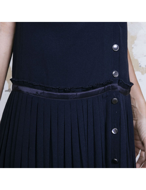 HERMES pleated dress in navy blue silk size 34FR
