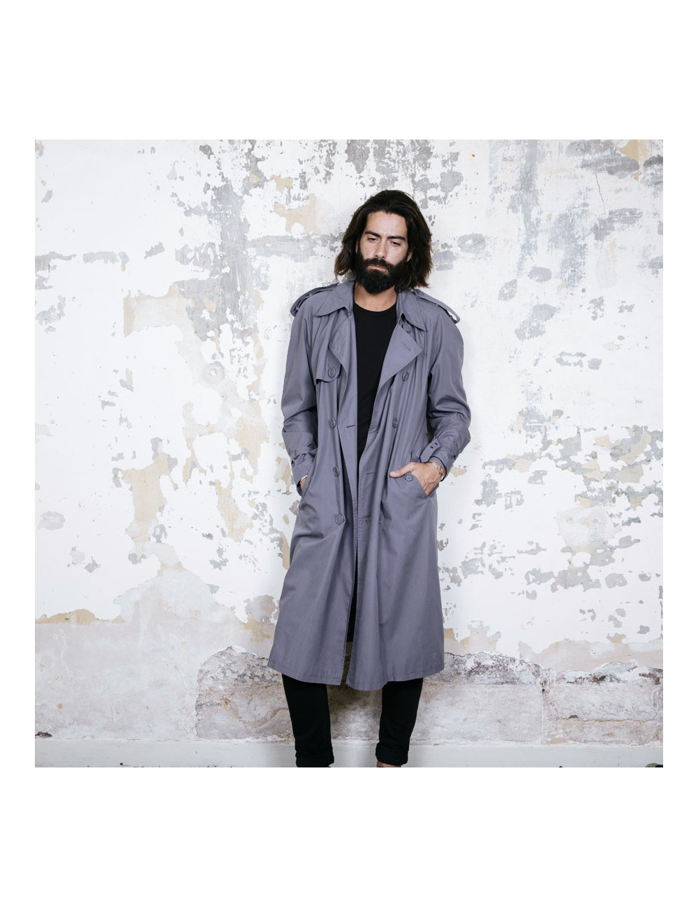 YVES SAINT LAURENT trench coat in gray blue fabric size 44FR