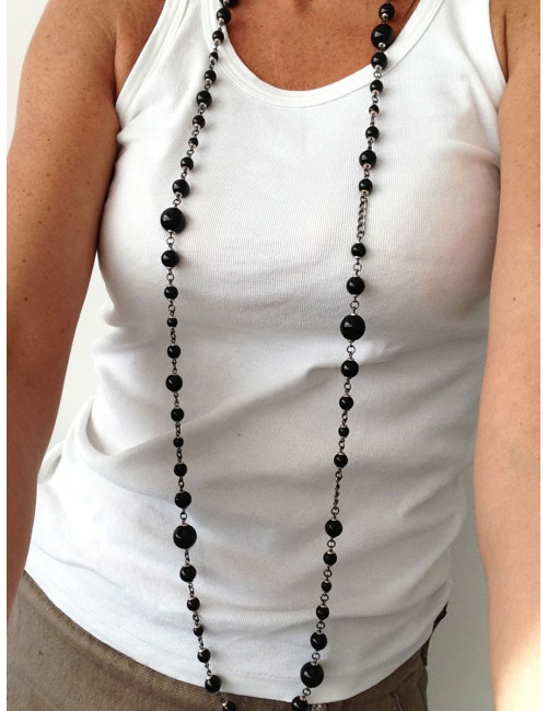 Sautoir MARGUERITE DE VALOIS en perles noires et ruthénium