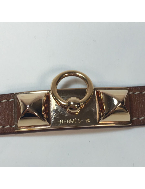 HERMES Rivale double tour bracelet in brown leather