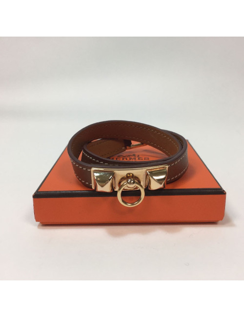 Bracelet HERMES Rivale double tour en cuir swfit marron