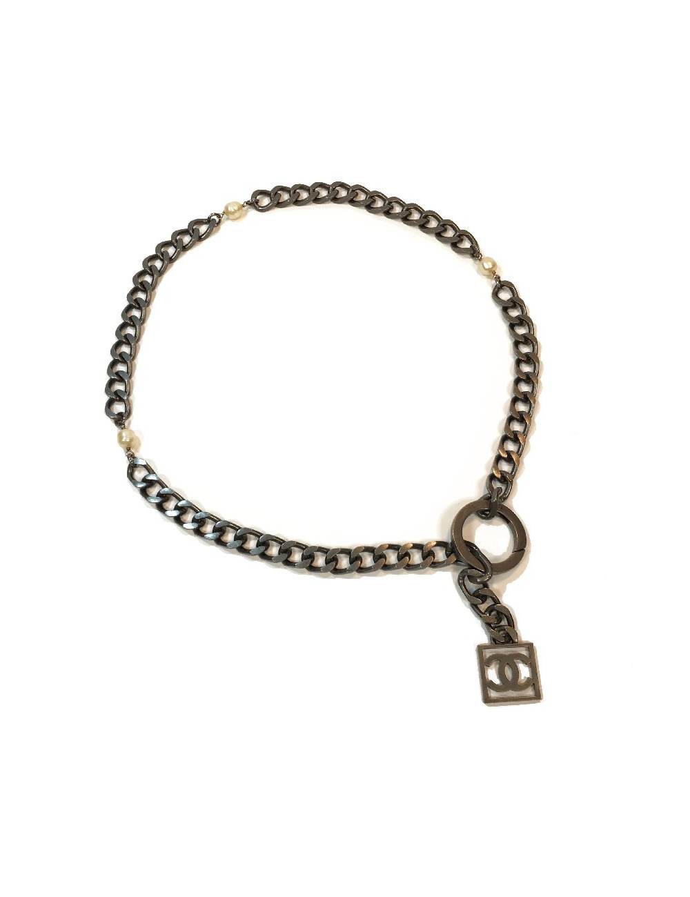 Ceinture sautoir CHANEL perles et métal ruthénium