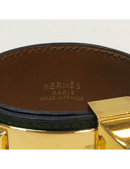  HERMES Collier de Chien cuff bracelet in green emerald crocodile