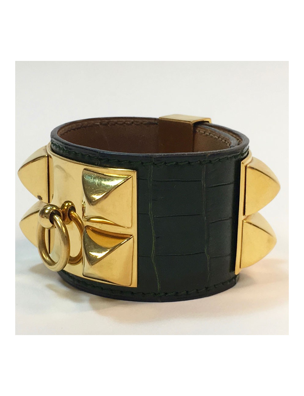  HERMES Collier de Chien cuff bracelet in green emerald crocodile