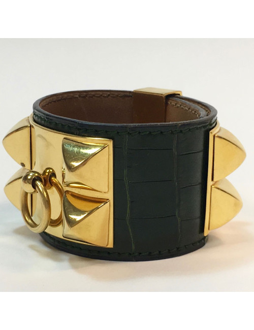  HERMES Collier de Chien cuff bracelet in green emerald crocodile
