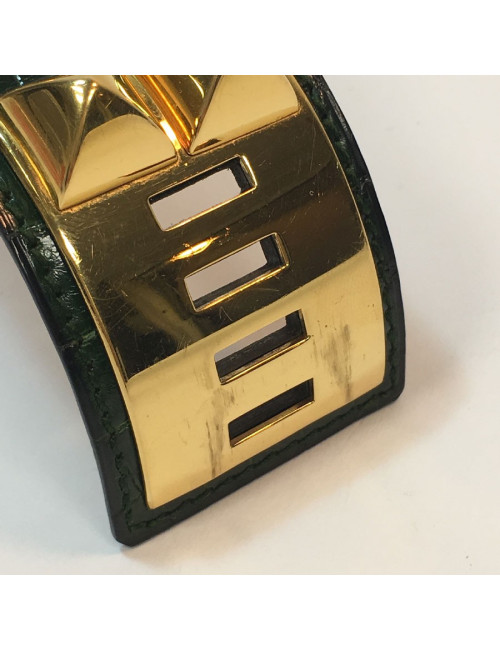  HERMES Collier de Chien cuff bracelet in green emerald crocodile