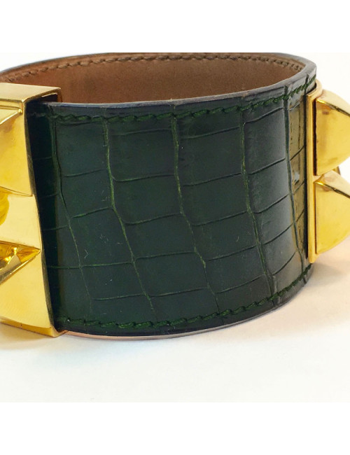  HERMES Collier de Chien cuff bracelet in green emerald crocodile