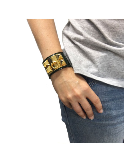  HERMES Collier de Chien cuff bracelet in green emerald crocodile
