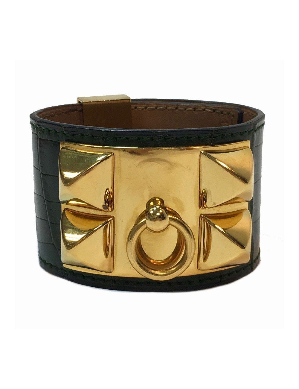  HERMES Collier de Chien cuff bracelet in green emerald crocodile