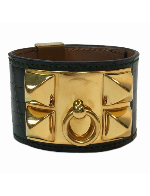  HERMES Collier de Chien cuff bracelet in green emerald crocodile