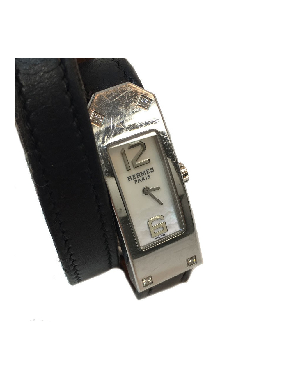 Montre HERMES Kelly II double tour en cuir noir