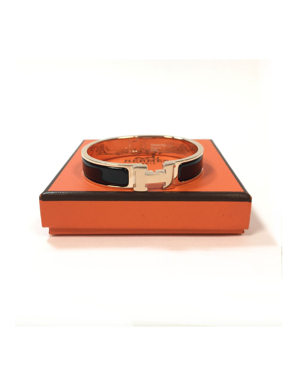 Bracelet Clic H HERMES émail noir et métal rose PM